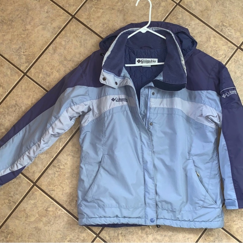 Columbia Womens XL ski winter coat blue multi pattern neck toggles